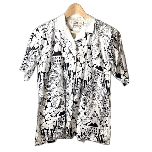 Vintage 80s Gil Aimbez Black White Tennis Player Print SS Button Up Tunic Sz 10 - Picture 15 of 15